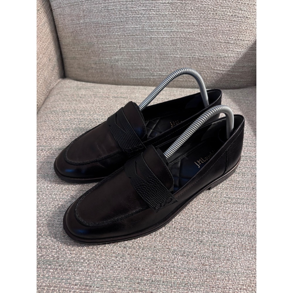 J. McLaughlin Black Brown Leather Penny Loafers Lizard Embossed Strap Womens 7.5